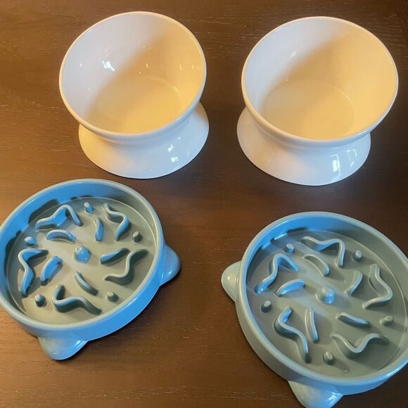 Raised Ceramic Dog or Cat Bowls and Two Slow Feeder Bowls - Picture 6 of 12